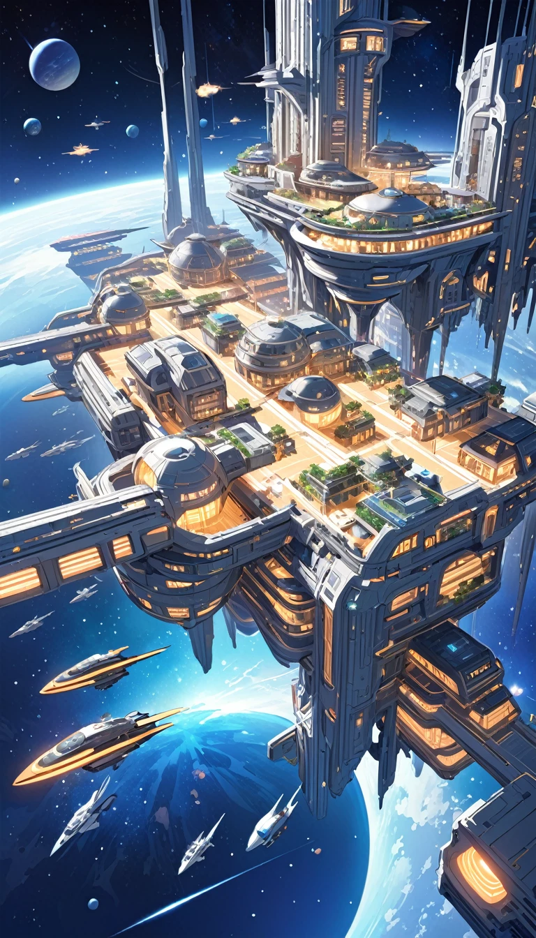 futuristic space city, in space: 1.5, large flying city, with many floating floors in space, housing and all kinds of details on the ship
