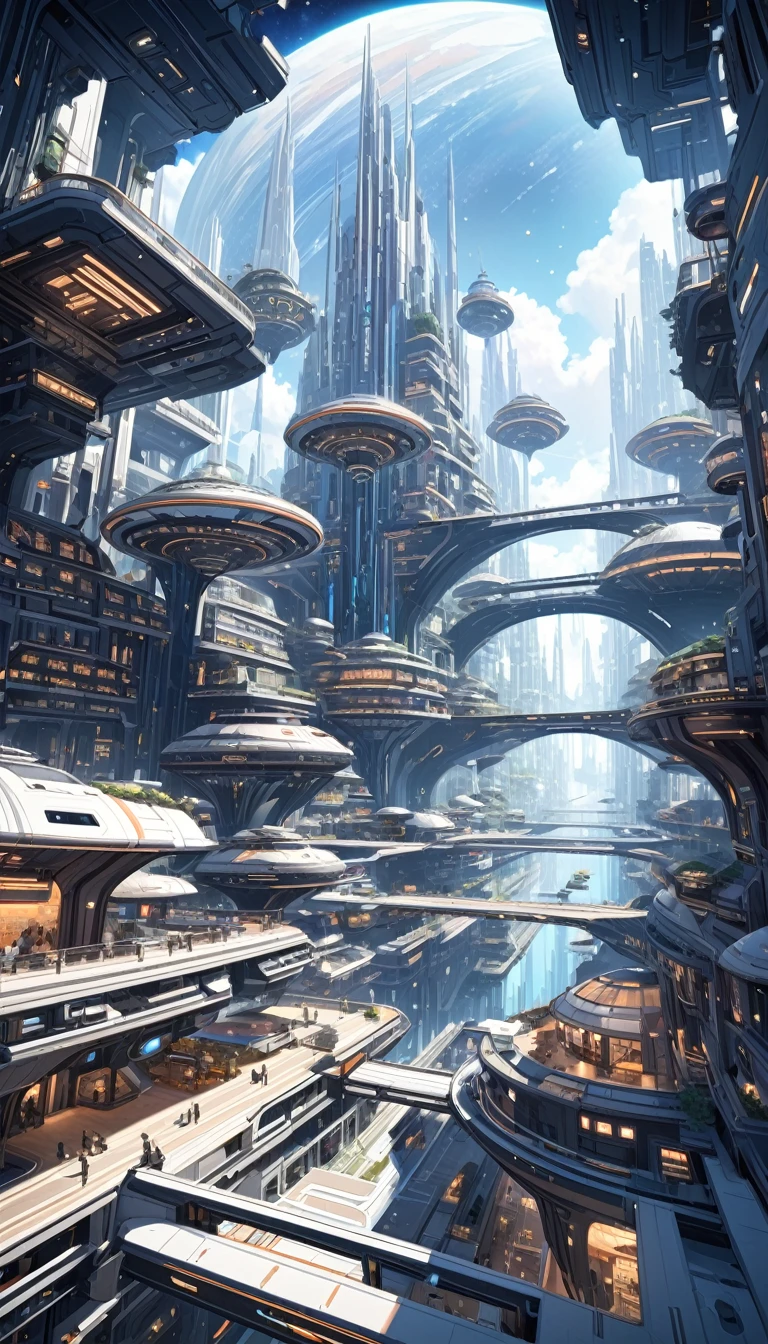 futuristic space city, in space: 1.5, large flying city, with many floating floors in space, housing and all kinds of details on the ship