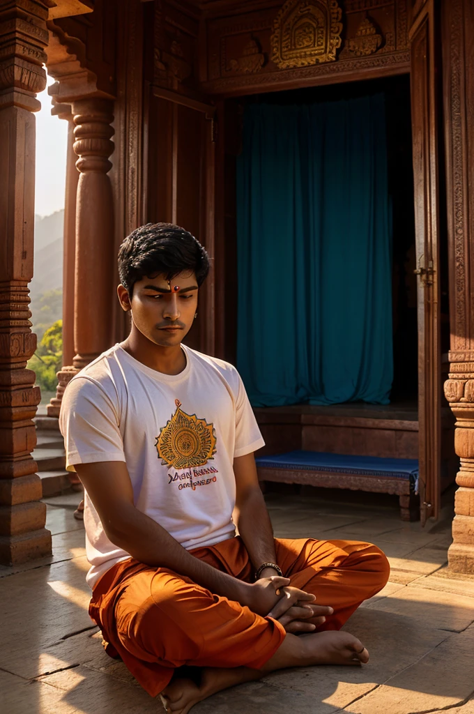 create realistic high quality image where a 20 year old Indian boy sitting & praying ahead to Ganesh ji, boy wearing saffron t-shirts on which name "Hari reddy" is written boldly, beautiful background, sunrise, devotional atmosphere,Traditional temple, make sure name should be visible & correct.