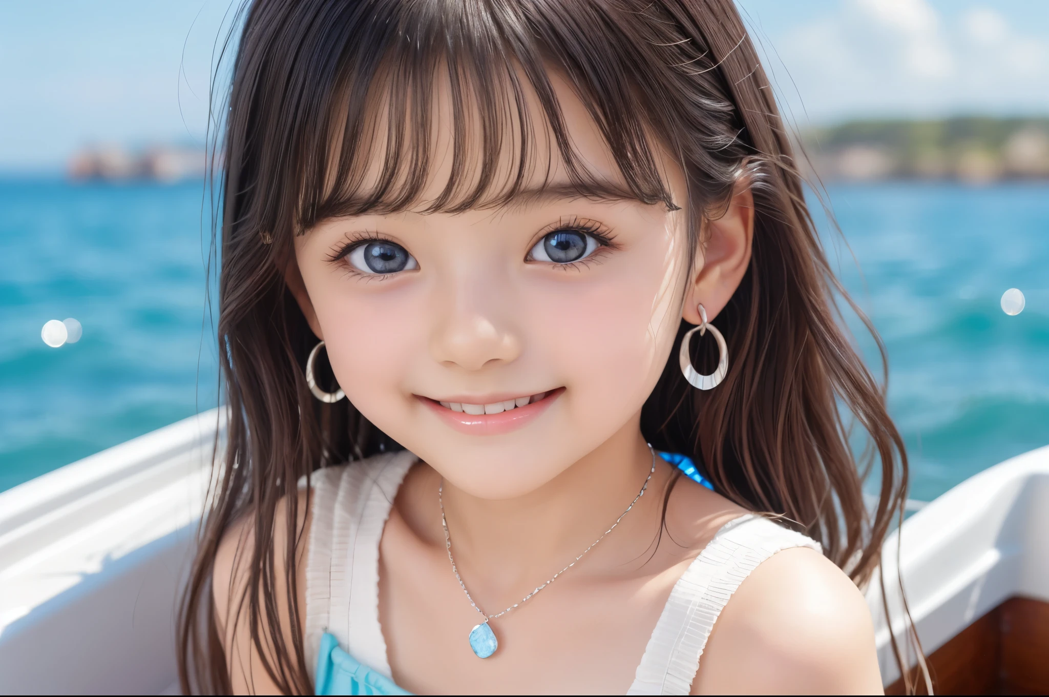 Small breasts、Earrings、necklace、Beautiful glowing white skin,、 bright, Refreshing and gentle look, Perfect beautiful pretty face, Shiny, straight, long hair down to the waist, Beautiful shiny bangs, （（Very beautiful and beautiful４Year old girl））, eyeliner, so perfect and beautiful, Big clear sky blue eyes, bright eye highlights、Baby Face、Cute smile、Long eyelashes、Low waist、Low rise、Ocean、On the boat、Have a bold pose、Being at the edge of the waves、She is looking down from above、hot pants、