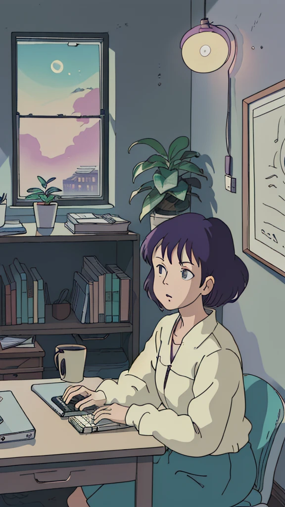 (masutepiece:1.5, Best Quality:1.5), ((Vaporwave Style, partially coloring)),In a cozy apartment, Girl studying diligently at desk alone,dim room,Stylish warm lighting, laptop, Coffee on the desk, desk lights on thedesk, I can see the moon from the window,Room decorated with plants