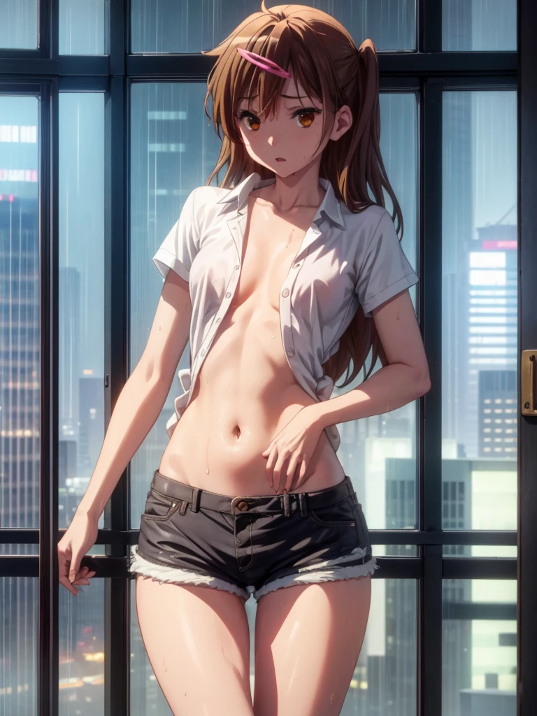 Girl, short short,  Shirt unbuttoned, You can see her breasts, Skyscraper Window   background, openlegs, night, Bare chest, small breast, slim body, Sneakers , wet body, Wet hair, rain, tokyo , orgasm