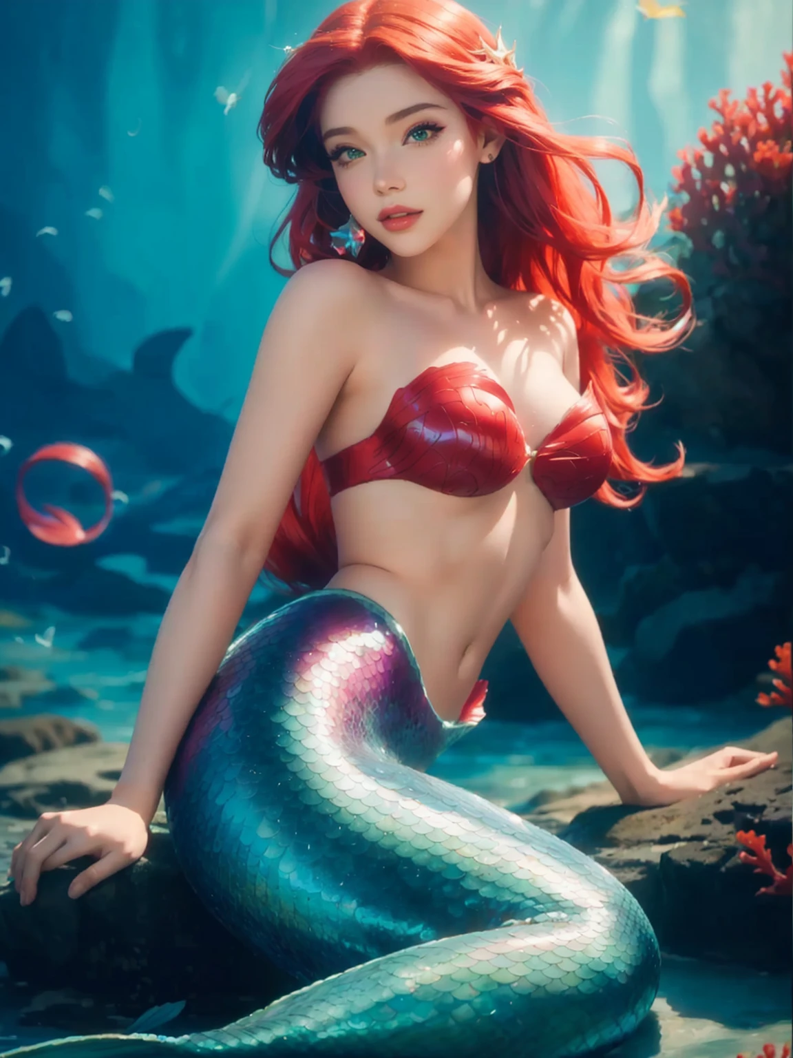 a woman with red hair and a mermaid tail sitting on a rock, beautiful mermaid, ariel the little mermaid, little mermaid, photorealistic disney, mermaid, princess ariel, portrait of mermaid, karina of aespa as sea mermaid, karina of aespa as a mermaid, amouranth, alena aenami and artgerm, extremely detailed artgerm, the little mermaid