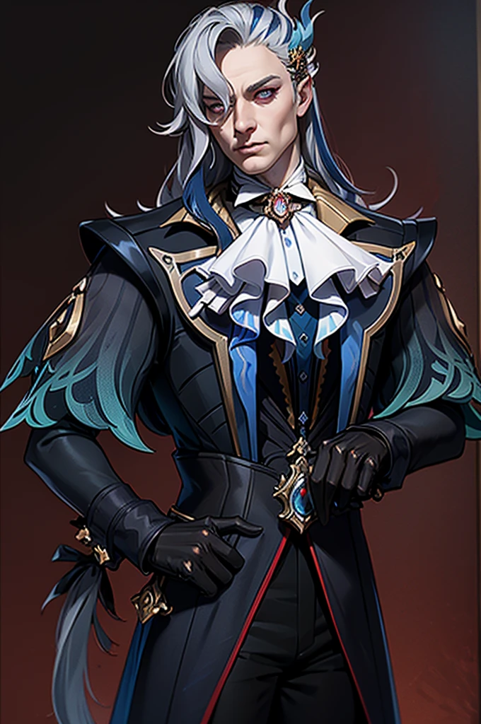 masterpiece, best quality, Neuvillette, 1 man ,long hair,grey hair,multicolored hair,feather hair ornament, purple eyes, red glare eyes, jewelry,ascot,long sleeves, shirt,gloves, black pants,Red background, looking down, serious, front pose, waist portrait, hands in front