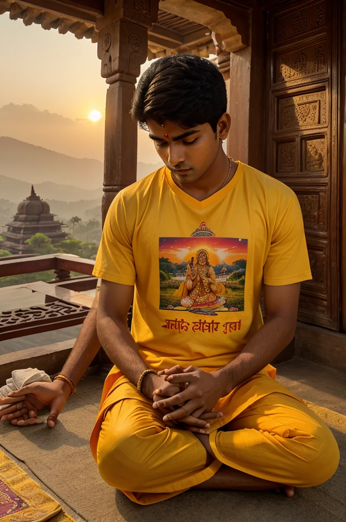 create realistic high quality image where a 20 year old Indian boy sitting & praying ahead to Ganesh ji, boy wearing saffron t-shirts on which name "Harish" is written boldly, beautiful background, sunrise, devotional atmosphere,Traditional temple, make sure name should be visible & correct.