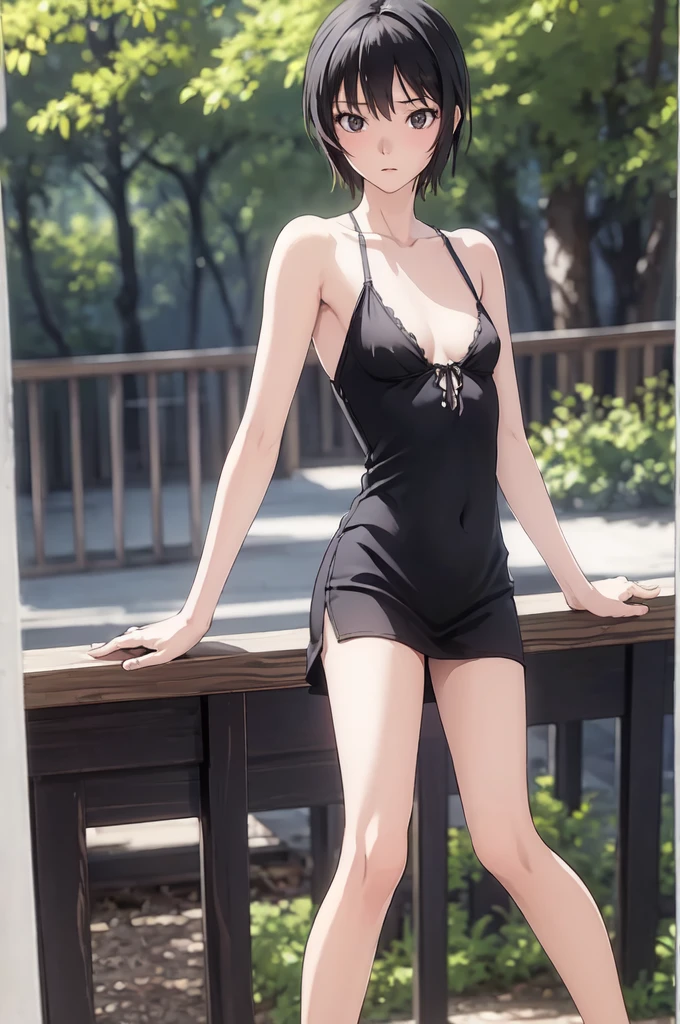 ((masterpiece, best quality)),((high resolution:1.3)), 1 Girl, solo, Cowboy Shot, Blurred Background, silky hair, (((Small breasts:1.3))), Thighs, (((cool Pose))), (Sleeveless mini dress), ((underwear)), pixie cut