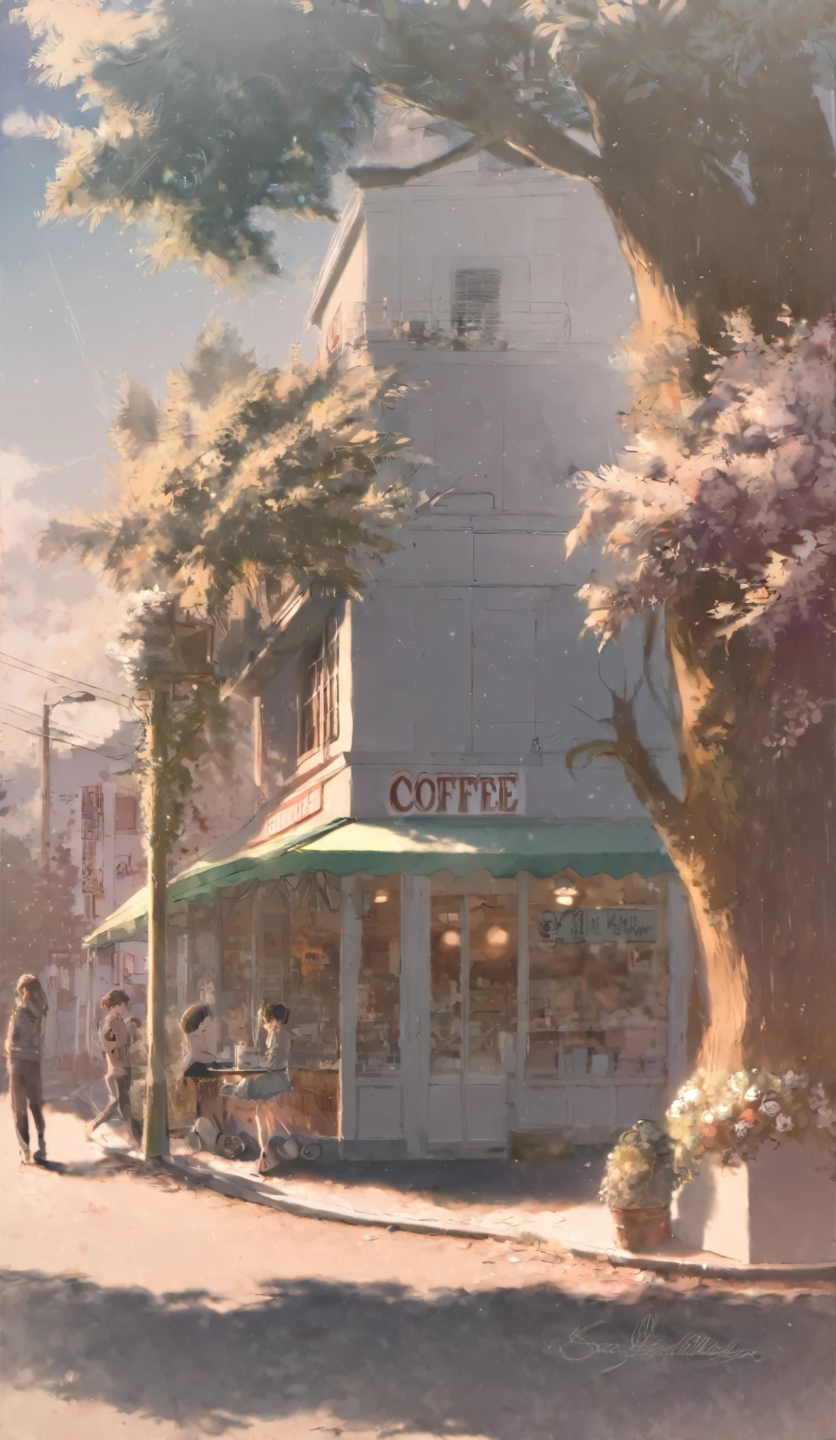 painting of a street with a cafe and a tree in the middle, by rella, Fujishima Takeji, by Kinichiro Ishikawa, by Kose Kanaoka, by Yamagata Hiro, coffee shop, by Eizan Kikukawa, by rainer hosch, by Yoshihiko Wada, by Kamagurka, by Ignacio Zuloaga