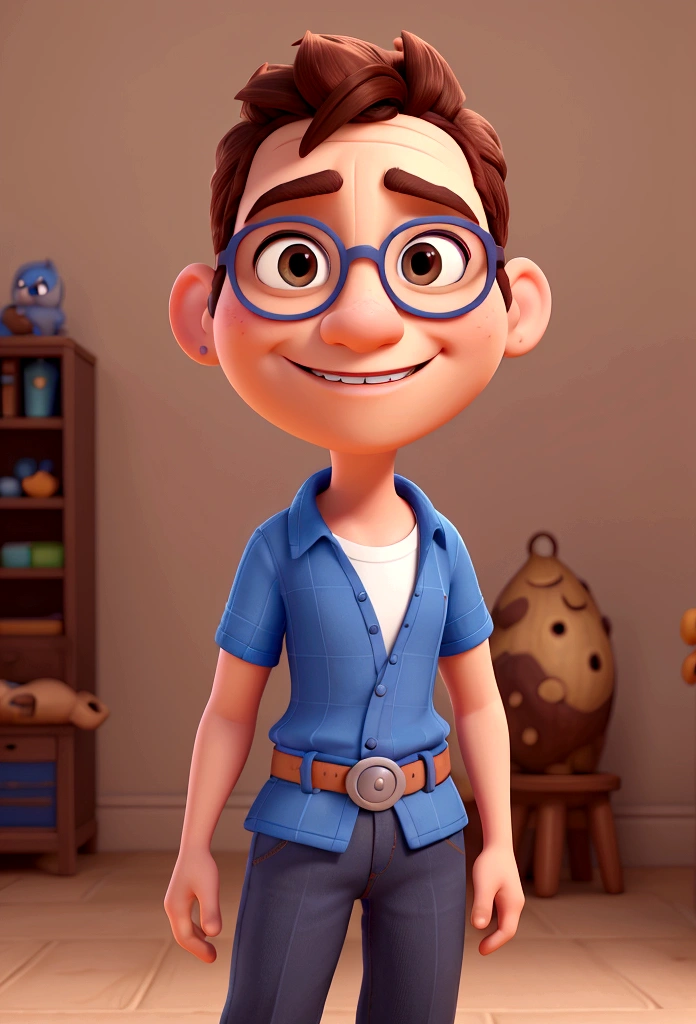 Cartoon character of a smiling brunette man, completely bald with glasses and blue shirt, animation character, stylized character, animation style rendering, 3d stylized, Arnold Maya rendering, Stylized 3D rendering, toon render screenshot, 3d character, 3d character, Stylized 3D rendering, 3D character rendering, cartoon character, Personagem de close up, character posing, (Pixar-style) (master part:1.2) (bokeh) (best qualityer) (skin detailed) (detailed texture) (8K) (Argilla) (cinematic lighting) (sharp focus)