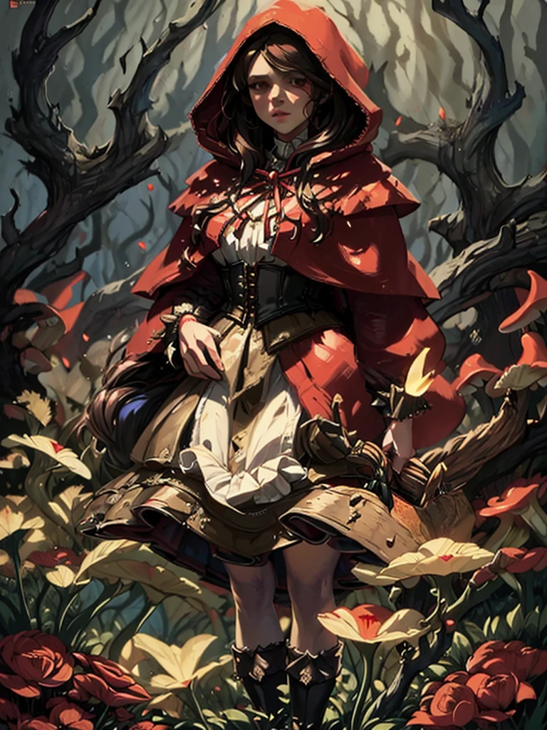 a beautiful girl with red hooded cloak,long brown hair,detailed face,beautiful eyes,detailed lips,basket of flowers,standing in a magical forest,glowing mushrooms,fantasy landscape,warm lighting,cinematic composition,highly detailed,photorealistic,8k,intricate details,dramatic lighting,moody atmosphere,fantasy art style