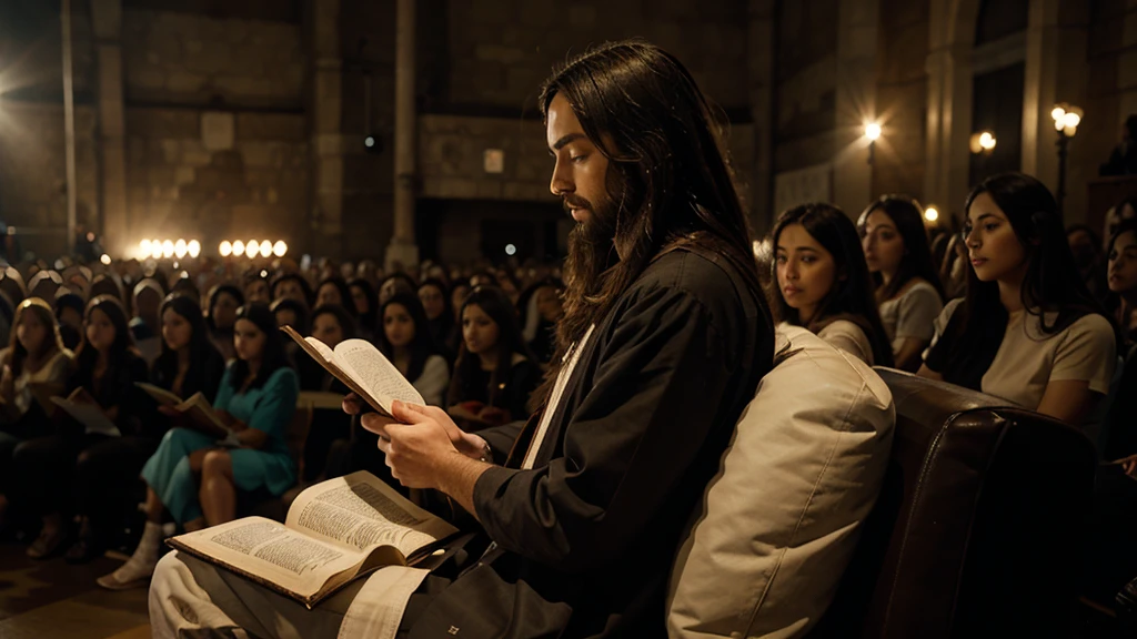 Jesus sitting reading the Bible to the crowd