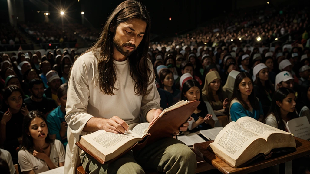 Jesus sitting reading the Bible to the crowd