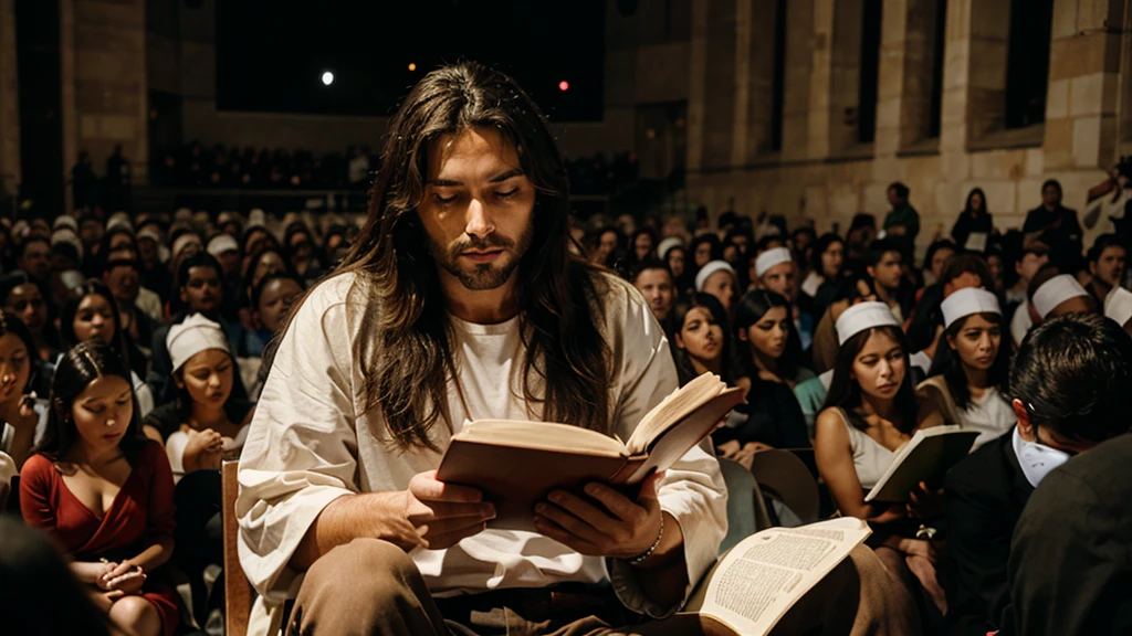 Jesus sitting reading the Bible to the crowd
