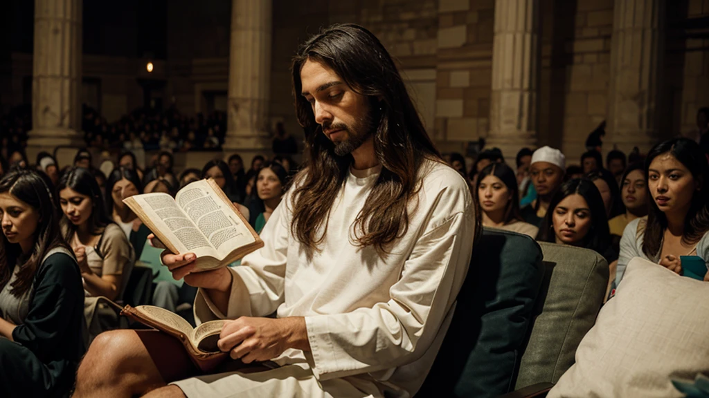 Jesus sitting reading the Bible to the crowd