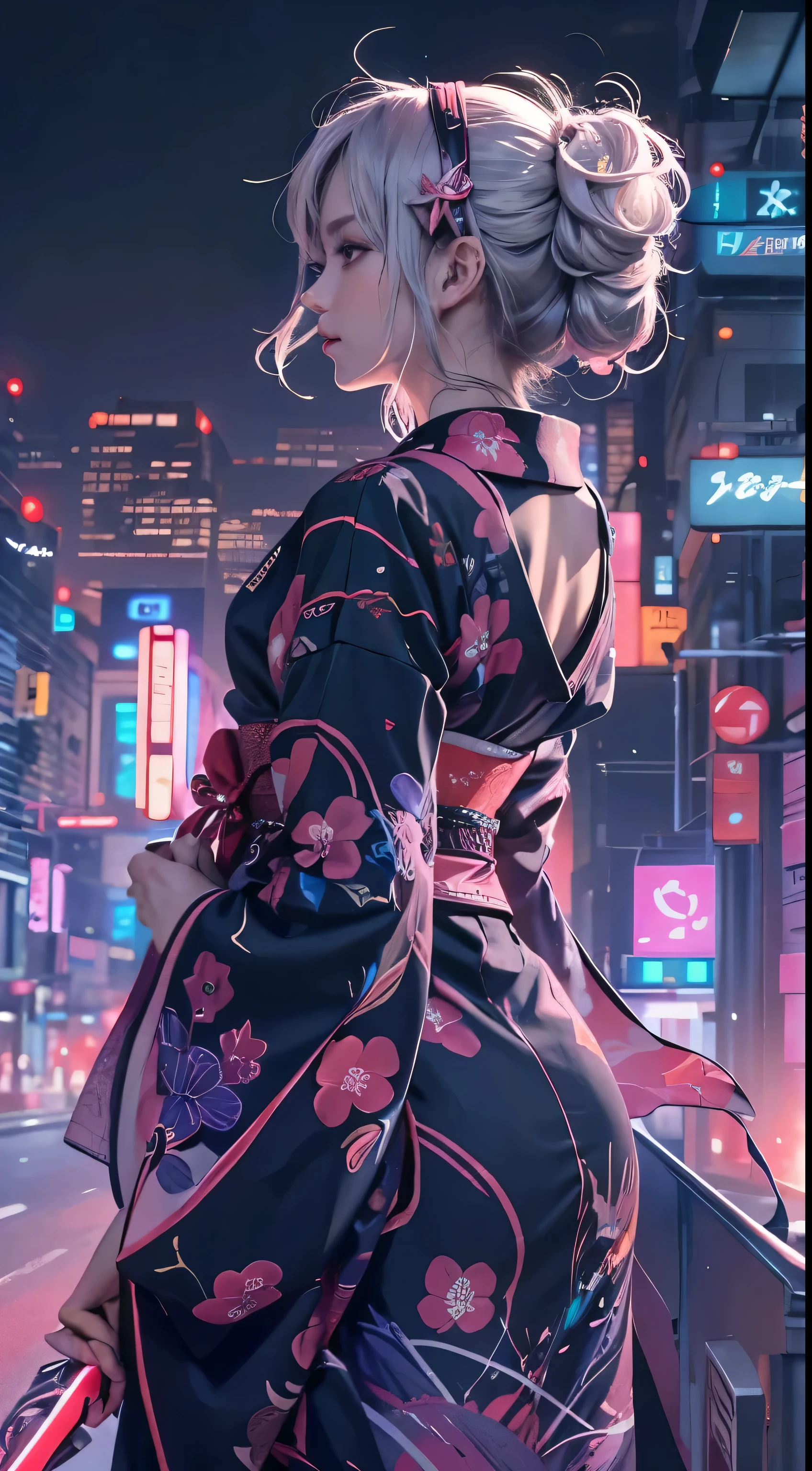 masterpiece, highest quality, wearing Japanese kimono,The pink color stands out,Bold colors and patterns, night,the sky is dark,eye-catching accessories, Trendy and innovative hairstyles, bright makeup, Cyberpunk dazzling cityscape, skyscraper, neon sign, led lights, Bright and vivid color scheme, anime, figure, fine skin texture, fine cloth texture, intricate details, Super detailed,low angle, full body, Distant view(looking away:1.4),dynamic pose hand holding a sword gripping sword in hand.