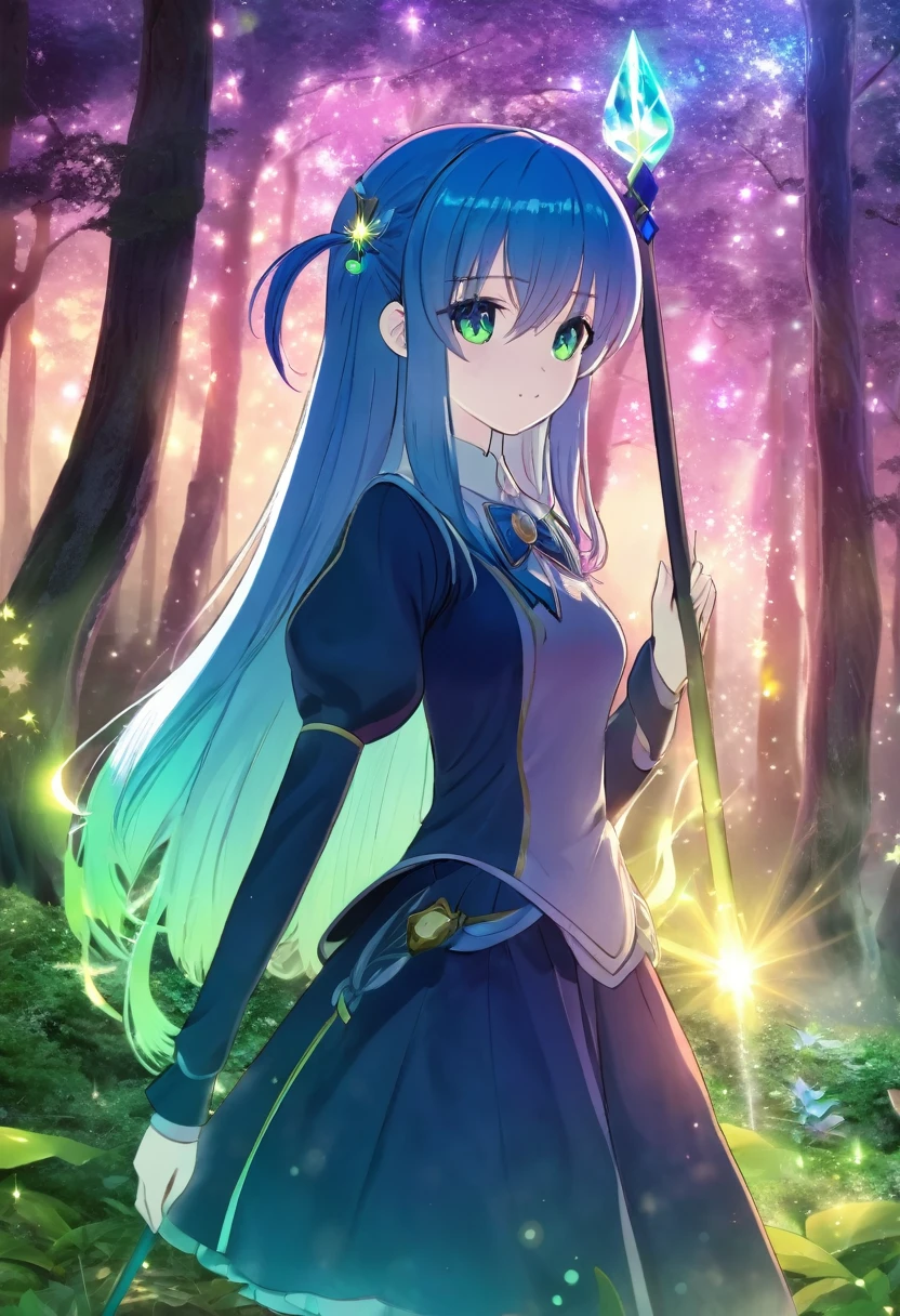 Create a vibrant and magical anime girl character. She should have long, flowing blue hair and bright green eyes that sparkle with excitement. Dress her in an enchanting outfit, complete with mystical accessories and a glowing magical staff. The background should be a mystical forest at twilight, with sparkling lights and magical creatures.