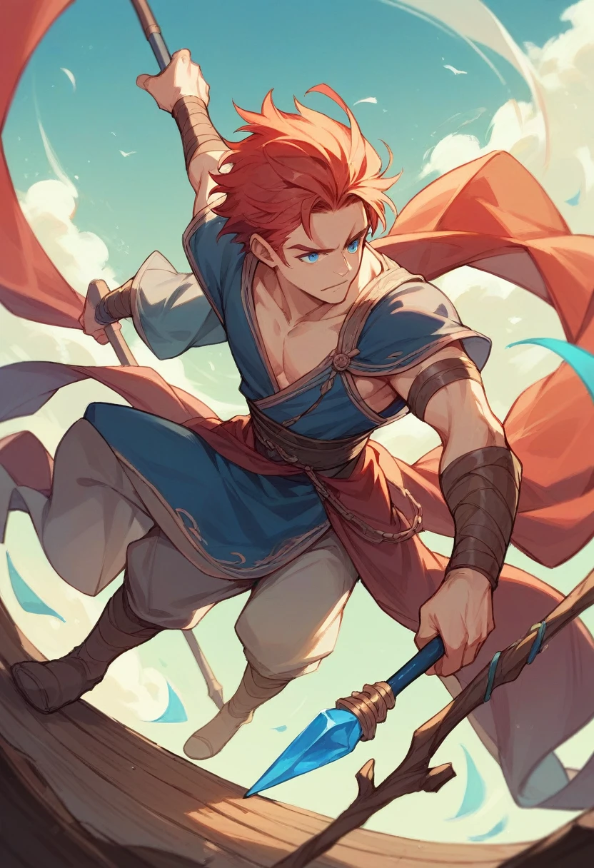 red-haired man, blue colored eyes, peasant clothes, holds a wooden staff
