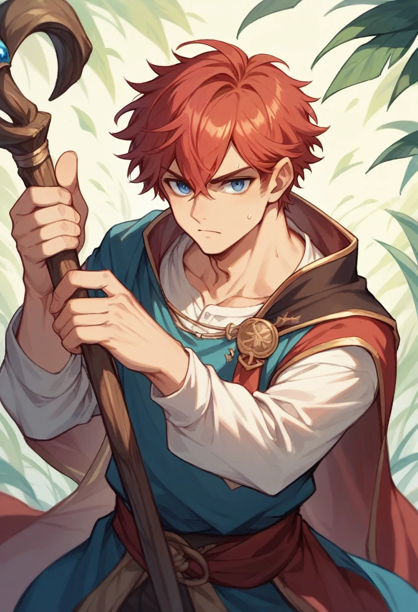 red-haired man, blue colored eyes, peasant clothes, holds a wooden staff