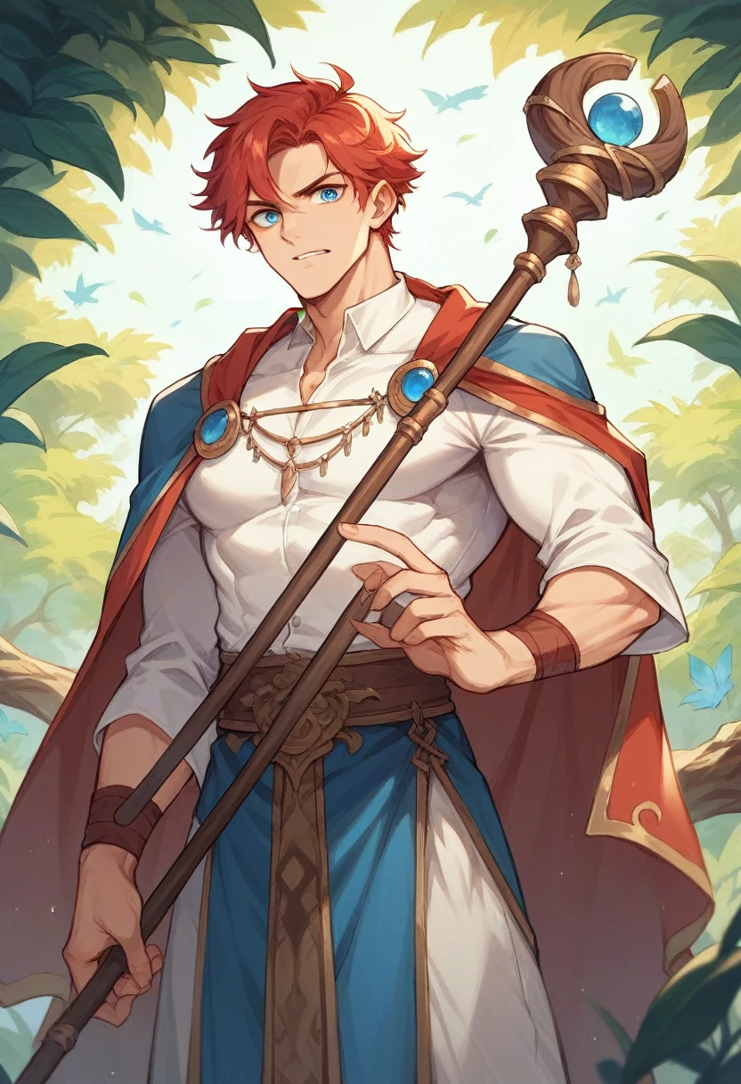 red-haired man, blue colored eyes, peasant clothes, holds a wooden staff
