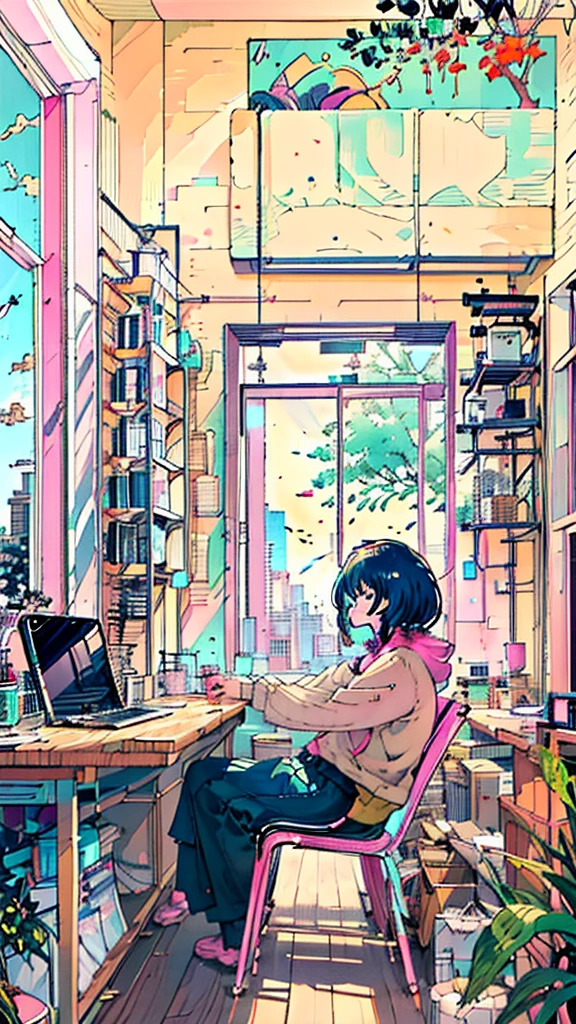 (masutepiece:1.5, Best Quality:1.5), ((Vaporwave Style, partially coloring)),In a cozy apartment, Girl studying diligently at desk alone,dim room,Stylish warm lighting, laptop, Coffee on the desk, desk lights on thedesk, I can see the moon from the window,Room decorated with plants