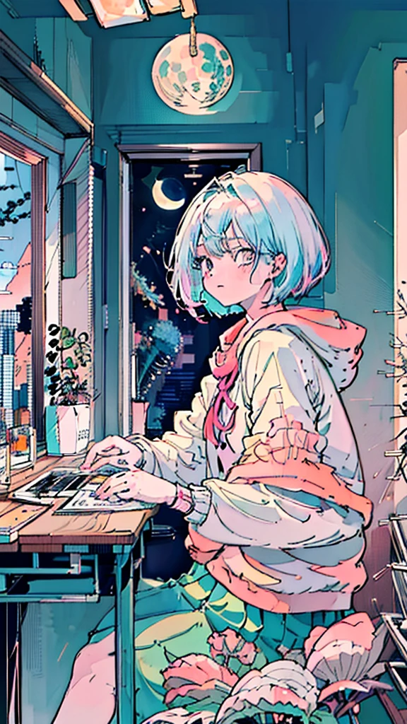(masutepiece:1.5, Best Quality:1.5), ((Vaporwave Style, partially coloring)),In a cozy apartment, Girl studying diligently at desk alone,dim room,Stylish warm lighting, laptop, Coffee on the desk, desk lights on thedesk, I can see the moon from the window,Room decorated with plants
