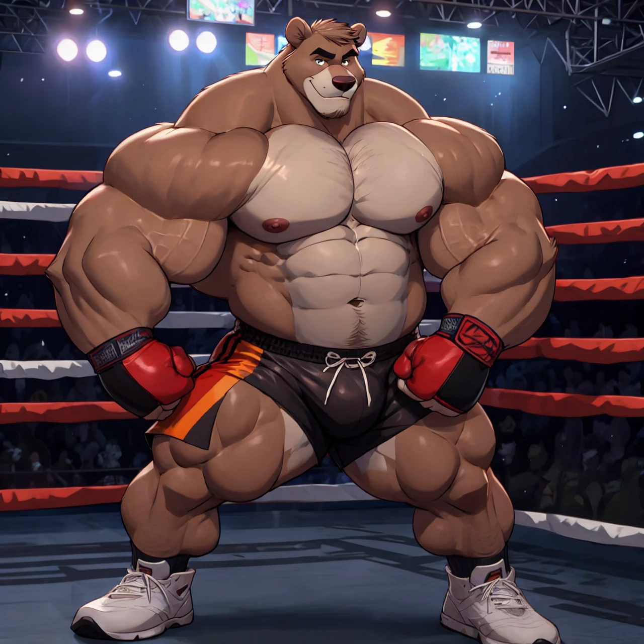 Baloo as the kickboxing MMA Champion, huge thick muscles, shirtless and topless, kickboxing gloves, MMA shorts, footwear, brown fur, correct anatomy, by Walt Disney