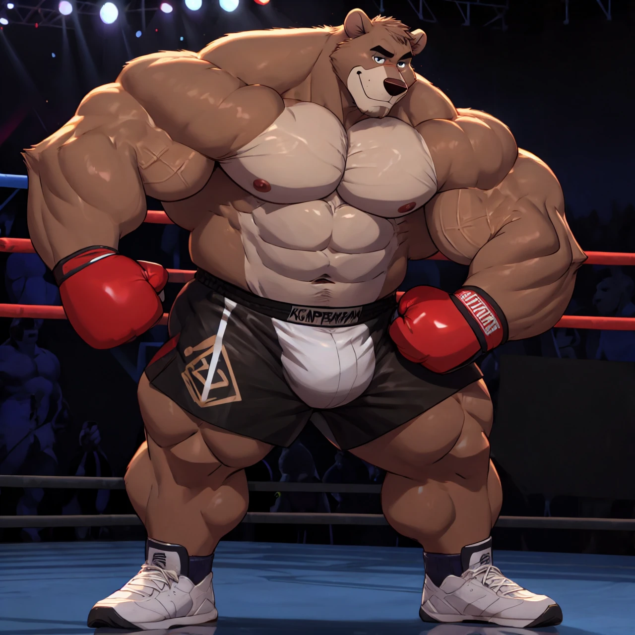 Baloo as the kickboxing MMA Champion, huge thick muscles, shirtless and topless, kickboxing gloves, MMA shorts, footwear, brown fur, correct anatomy, by Walt Disney