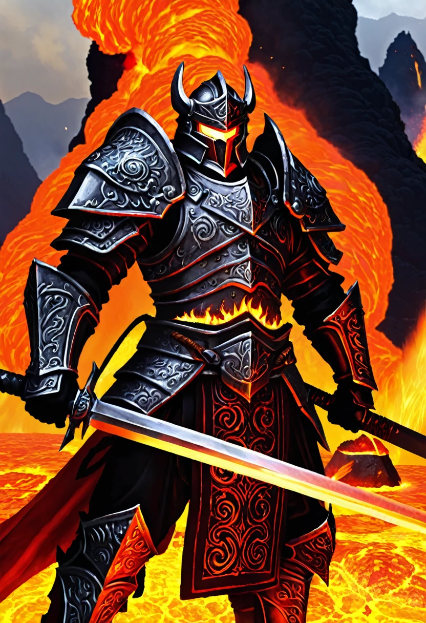 Molten Iron Warrior, lava, swords, fire, vulcano