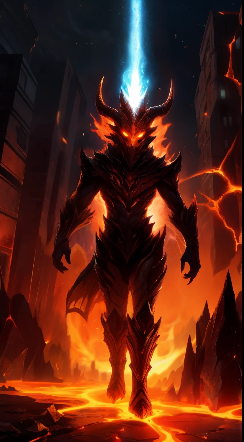 In being blown up, Ruined cityscape, The streets were shelled，damaged streets，The windows were shattered，[（terroral）+（Goat-faced humanoid monster）]Standing on the lava below casts a shadow. Its eyes, Glows like embers,. The flames dancing around the body create mesmerizing displays of light and color.
