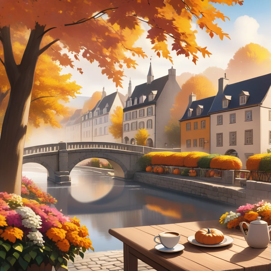 A serene autumn scene in a European town. The setting includes a stone bridge arching over a calm river, with classic architecture lining the banks. Focus on The foreground features a wooden table adorned with an oversized steaming cup of coffee, flanked by vibrant autumn flowers and pumpkins, suggesting a cozy, warm atmosphere amidst the changing leaves of fall.