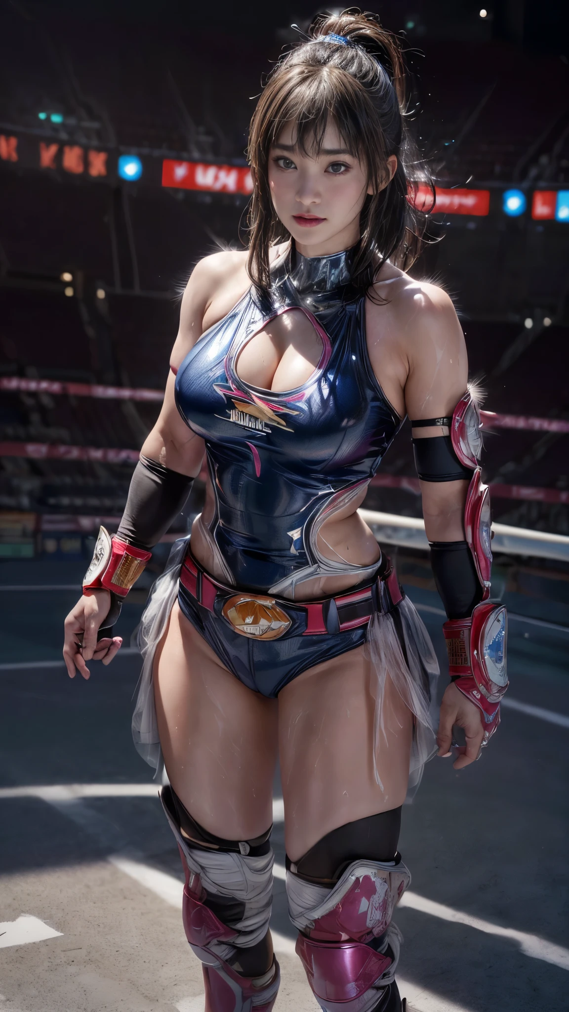 Female professional wrestler、Fighting Pose、expensive、smile、((In the Ring))、((Spotlight))、(((Big stadium)))、((Super big breasts))、((Super tight uniform))、Wristband、(((A flashy costume with a bizarre pattern)))、((Elbow Support))、((Knee support))、I can see your muscles、Hairstyle with bangs、((Sweat))、((Match venue))、Very beautiful woman、((Female Athletes))、(Detailed face)、Realistic Skin、((Delicate photo)),(Girl masterpiece RAW photo details:1.25), (Highest quality:1.6), (Ultra-high resolution:1.5), (Realistic:1.75), 8K resolution,50mm, Absurd, Super detailed,Cinema Lighting、