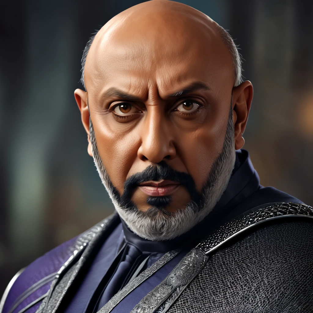 Create a portrait of actor sathyaraj as super villain, detailed cg, realistic portrait.