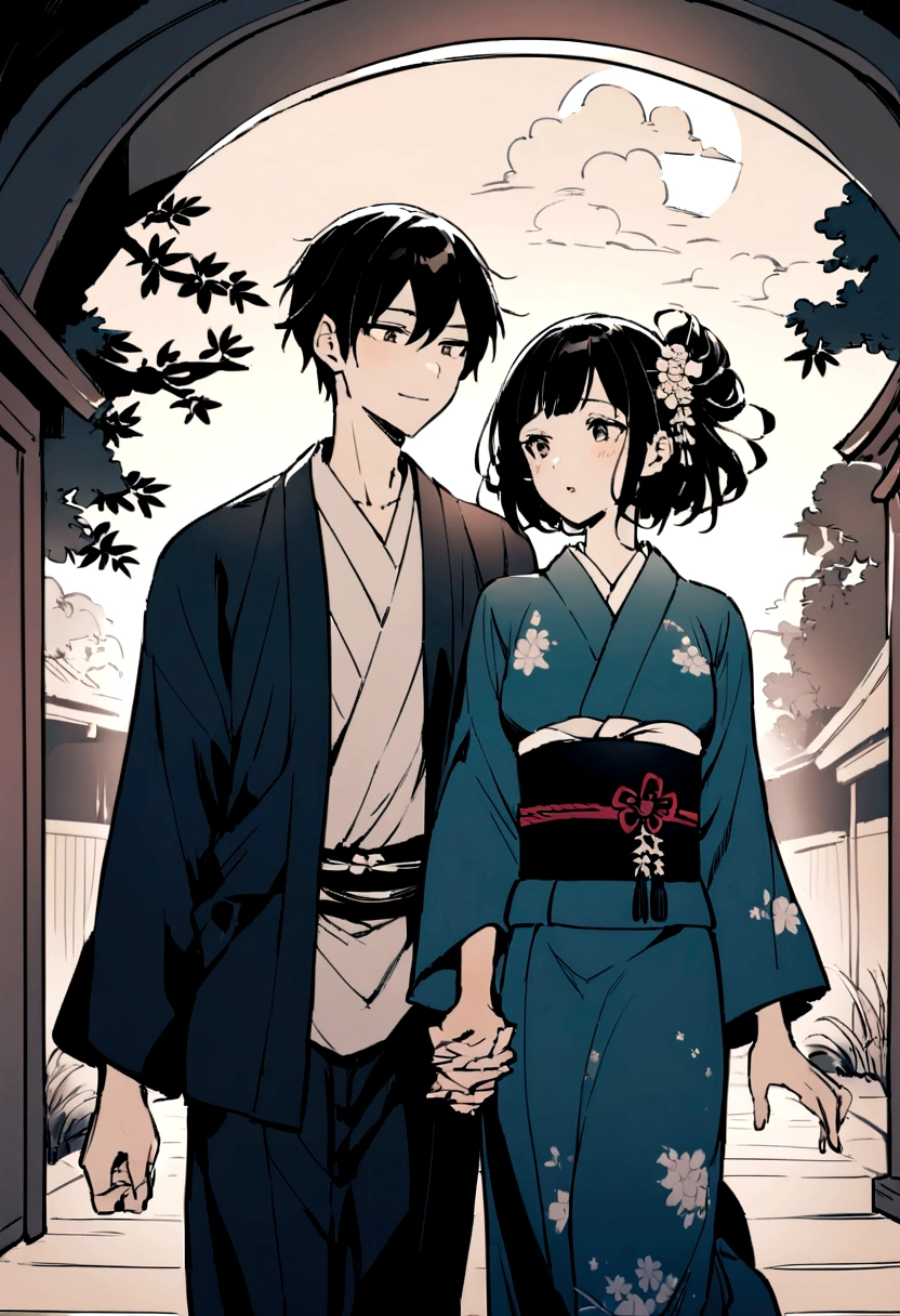 Under the Moonlit Night、Walking hand in hand20Japanese couple in their teens、Wearing a yukata
