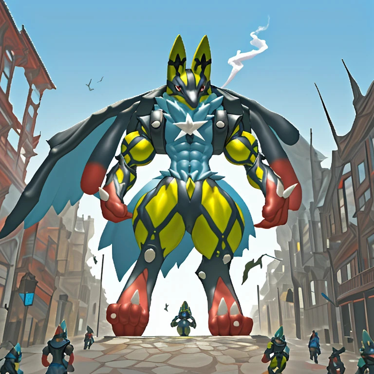 (Solo. masterpiece. official art. 8k. best quality. detailed full body. full body.)
(situation 1 : dominating Shiny_Mega_Lucario. Shiny_Mega_Lucario is over 1000 meters long. focus GIANT mechanical Muscular Shiny_Mega_Lucario is trampling the city. Looking down. macro. stomp. Low-angle perspective. emphasizing the immense size. He is much bigger than a skyscraper. Giga Giants. looking down. foot focus, (soles:1.2))
(situation 2 :smoke and flames rising from the destruction in the city)
(Additional details 1: wearing a full-face helmet. golden armor. high-tech bio-mecha armor. real texture material. whole body shines like metal. emphasizes the muscles. suit fully made of metal. intricate armor. Robotic suit. suit fully made of metal.).
(Additional details 2: (Detailed head. Detailed Body. Detailed abs. gigantic muscles. HYPER MUSCLES. Gigachad Muscular. big muscle. pecs. triceps. traps. unusually developed muscular body. body full of huge muscles. showing off muscles. pectorales enormes. Exaggeratedly huge muscles. huge muscles. long legs. abs.).
(Additional details 3: Spread wings. It has wings. have big wings. The claws are sharp. Sharp teeth.).