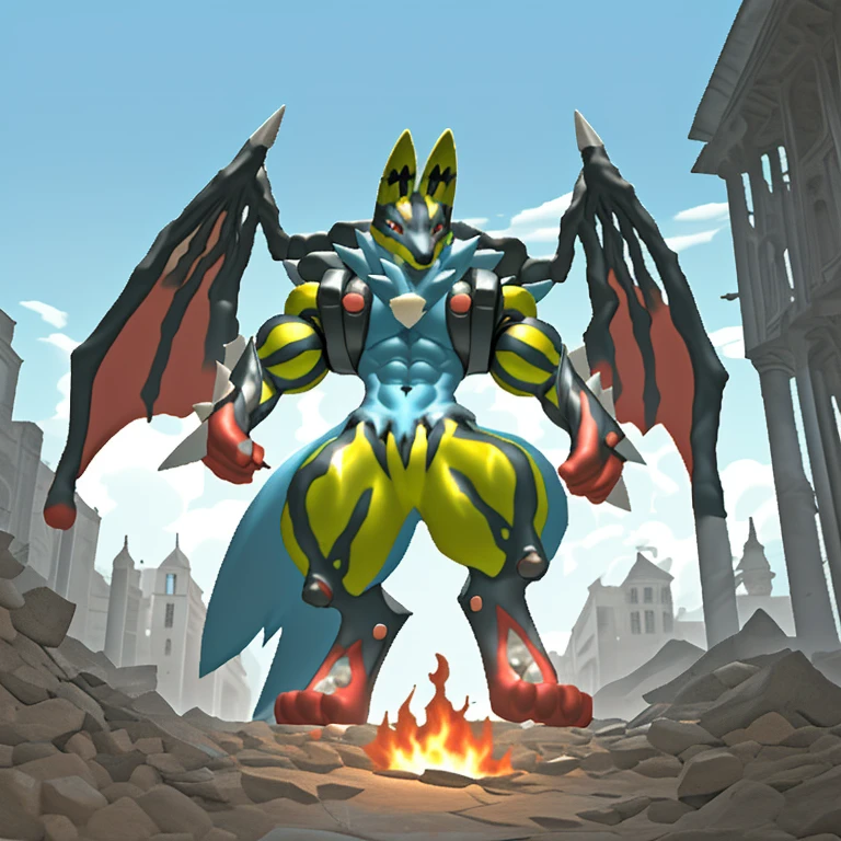 (Solo. masterpiece. official art. 8k. best quality. detailed full body. full body.)
(situation 1 : dominating Shiny_Mega_Lucario. Shiny_Mega_Lucario is over 1000 meters long. focus GIANT mechanical Muscular Shiny_Mega_Lucario is trampling the city. Looking down. macro. stomp. Low-angle perspective. emphasizing the immense size. He is much bigger than a skyscraper. Giga Giants. looking down. foot focus, (soles:1.2))
(situation 2 :smoke and flames rising from the destruction in the city)
(Additional details 1: wearing a full-face helmet. golden armor. high-tech bio-mecha armor. real texture material. whole body shines like metal. emphasizes the muscles. suit fully made of metal. intricate armor. Robotic suit. suit fully made of metal.).
(Additional details 2: (Detailed head. Detailed Body. Detailed abs. gigantic muscles. HYPER MUSCLES. Gigachad Muscular. big muscle. pecs. triceps. traps. unusually developed muscular body. body full of huge muscles. showing off muscles. pectorales enormes. Exaggeratedly huge muscles. huge muscles. long legs. abs.).
(Additional details 3: Spread wings. It has wings. have big wings. The claws are sharp. Sharp teeth.).