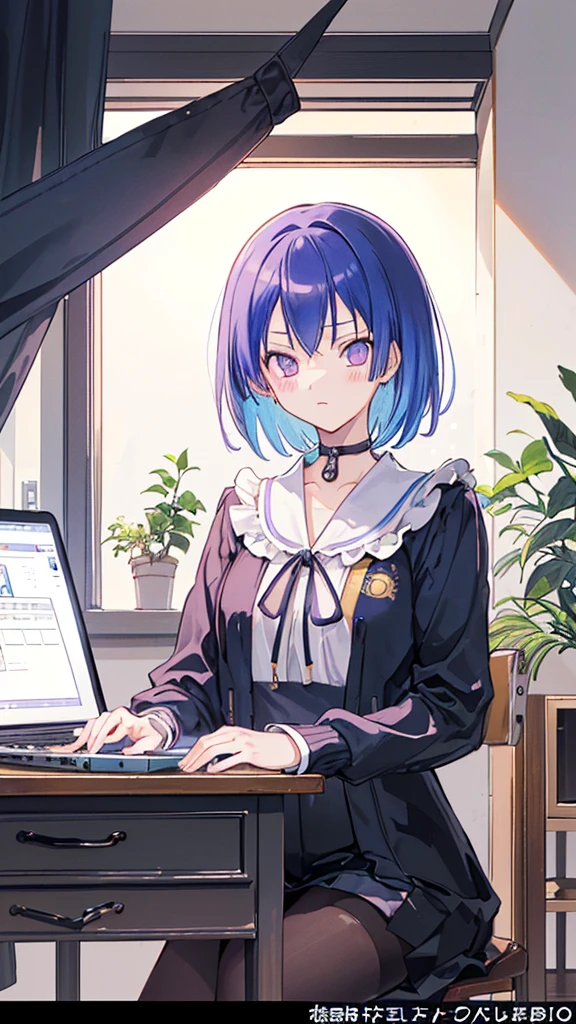 (masutepiece:1.5, Best Quality:1.5), ((Vaporwave Style, partially coloring)),In a cozy apartment, Girl studying diligently at desk alone,dim room,Stylish warm lighting, laptop, Coffee on the desk, desk lights on thedesk, I can see the moon from the window,Room decorated with plants