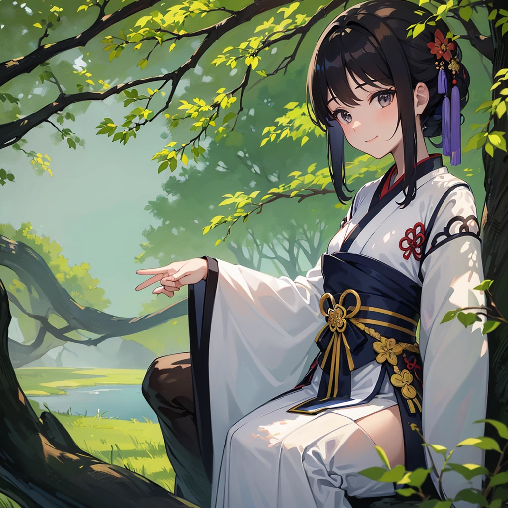 shukezouma, negative space, , shuimobysim , portrait of a woman standing , willow branches, (work of art, best qualityer:1.2), chinese traditional ink painting, model shoot style, peaceful, (ssmile), gazing at viewer, vestindo longo Hanfu, Hanfu, song, willow in the background, wuchangshuo,