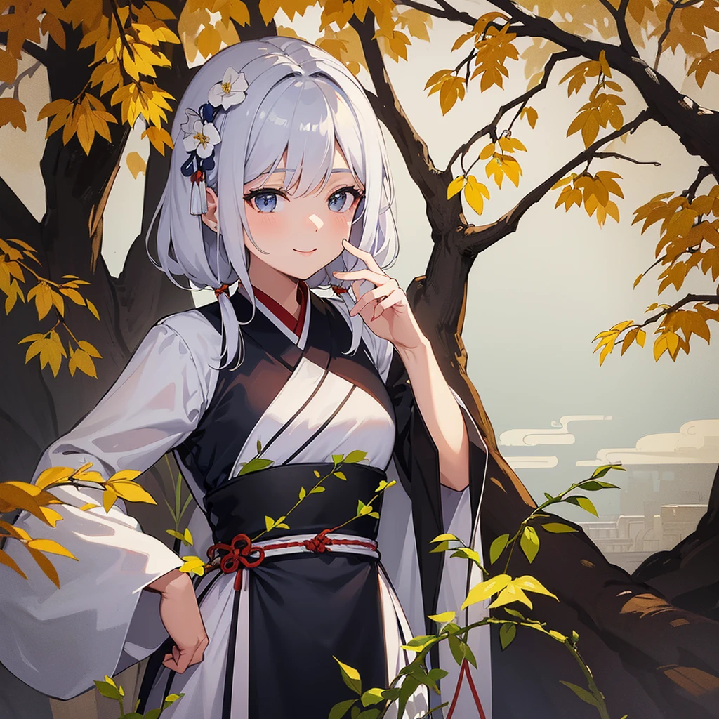 shukezouma, negative space, , shuimobysim , portrait of a woman standing , willow branches, (work of art, best qualityer:1.2), chinese traditional ink painting, model shoot style, peaceful, (ssmile), gazing at viewer, vestindo longo Hanfu, Hanfu, song, willow in the background, wuchangshuo,