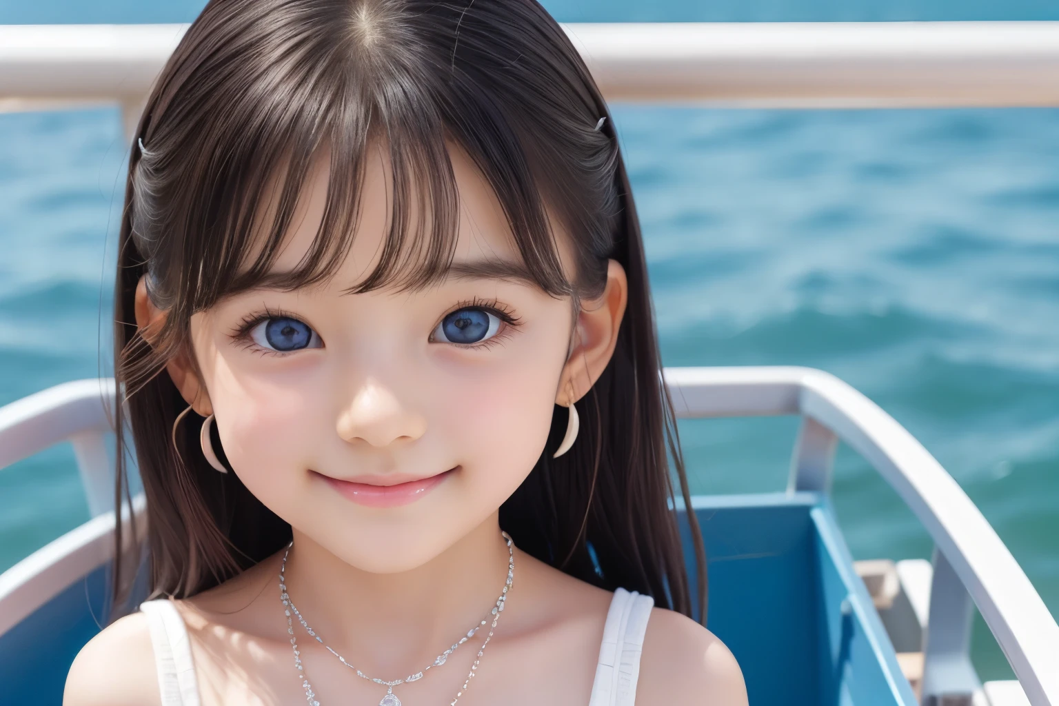 Small breasts、Earrings、necklace、Beautiful glowing white skin,、 bright, Refreshing and gentle look, Perfect beautiful pretty face, Shiny, straight, long hair down to the waist, Beautiful shiny bangs, （（Very beautiful and beautiful４Year old girl））, eyeliner, so perfect and beautiful, Big clear sky blue eyes, bright eye highlights、、Cute smile、Long eyelashes、Low waist、Low rise、Ocean、On the boat、Have a bold pose、Being at the edge of the waves、She is looking down from above、hot pants、