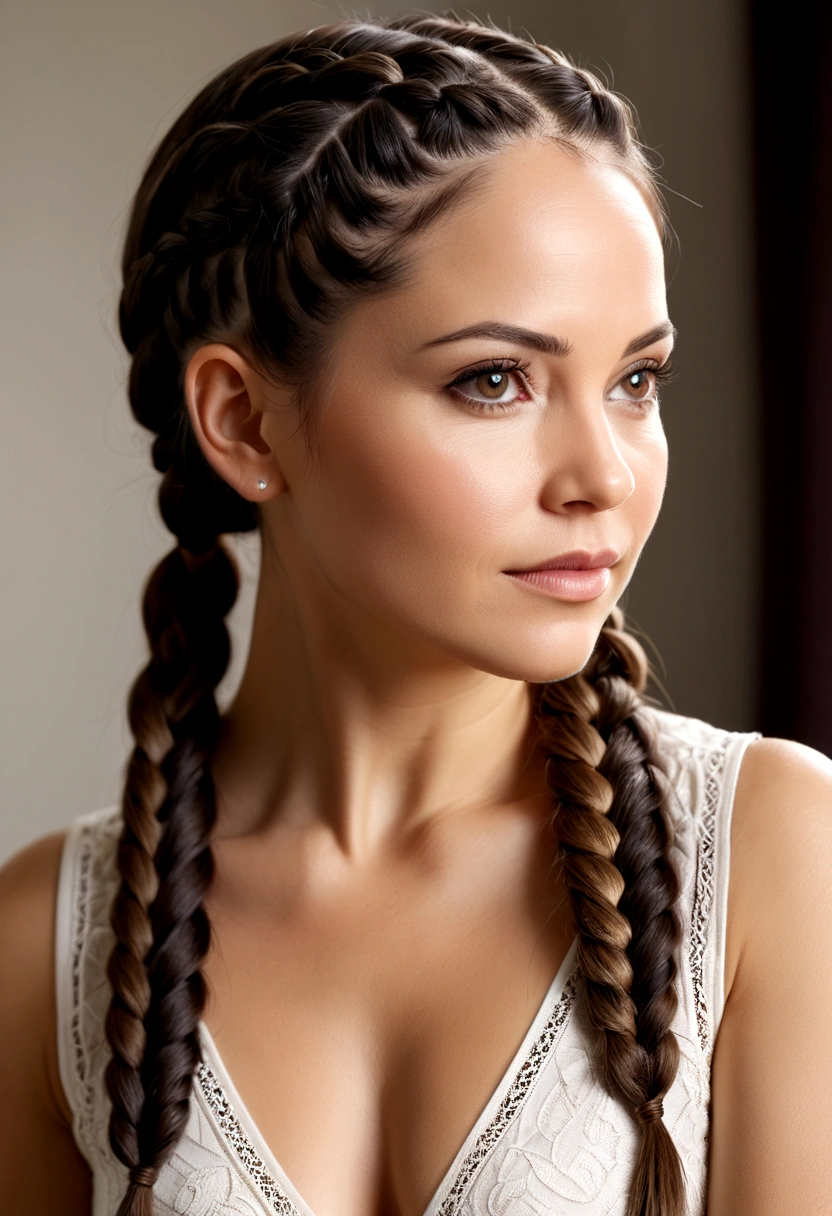 a beautiful woman, 35 years old, hair in ((two)) braids on each side, fine hair