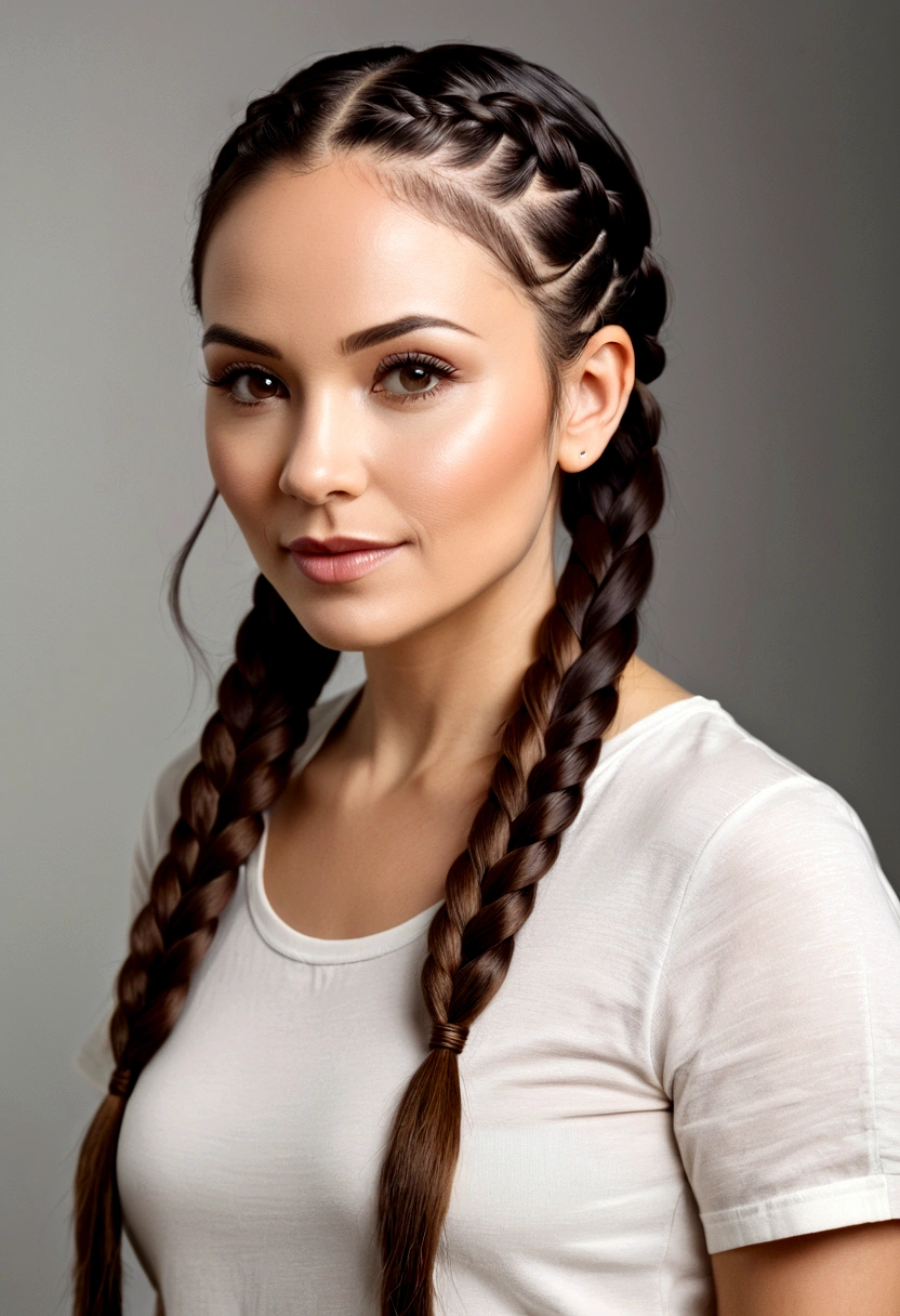 a beautiful woman, 35 years old, hair in ((two)) braids on each side, fine hair