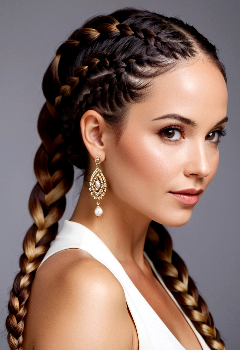 a beautiful woman, 35 years old, hair in ((two)) braids on each side, fine hair