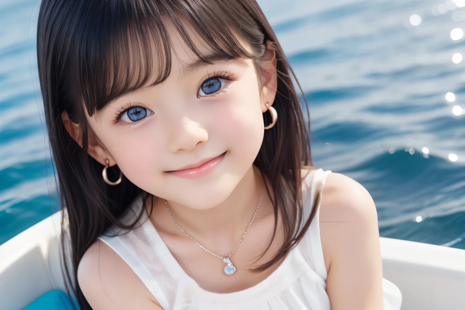 Small breasts、Earrings、necklace、Beautiful glowing white skin,、 bright, Refreshing and gentle look, Perfect beautiful pretty face, Shiny, straight, long hair down to the waist, Beautiful shiny bangs, （（Very beautiful and beautiful４Year old girl））, eyeliner, so perfect and beautiful, Big clear sky blue eyes, bright eye highlights、、Cute smile、Long eyelashes、Low waist、Low rise、Ocean、On the boat、Have a bold pose、Being at the edge of the waves、She is looking down from above、hot pants、