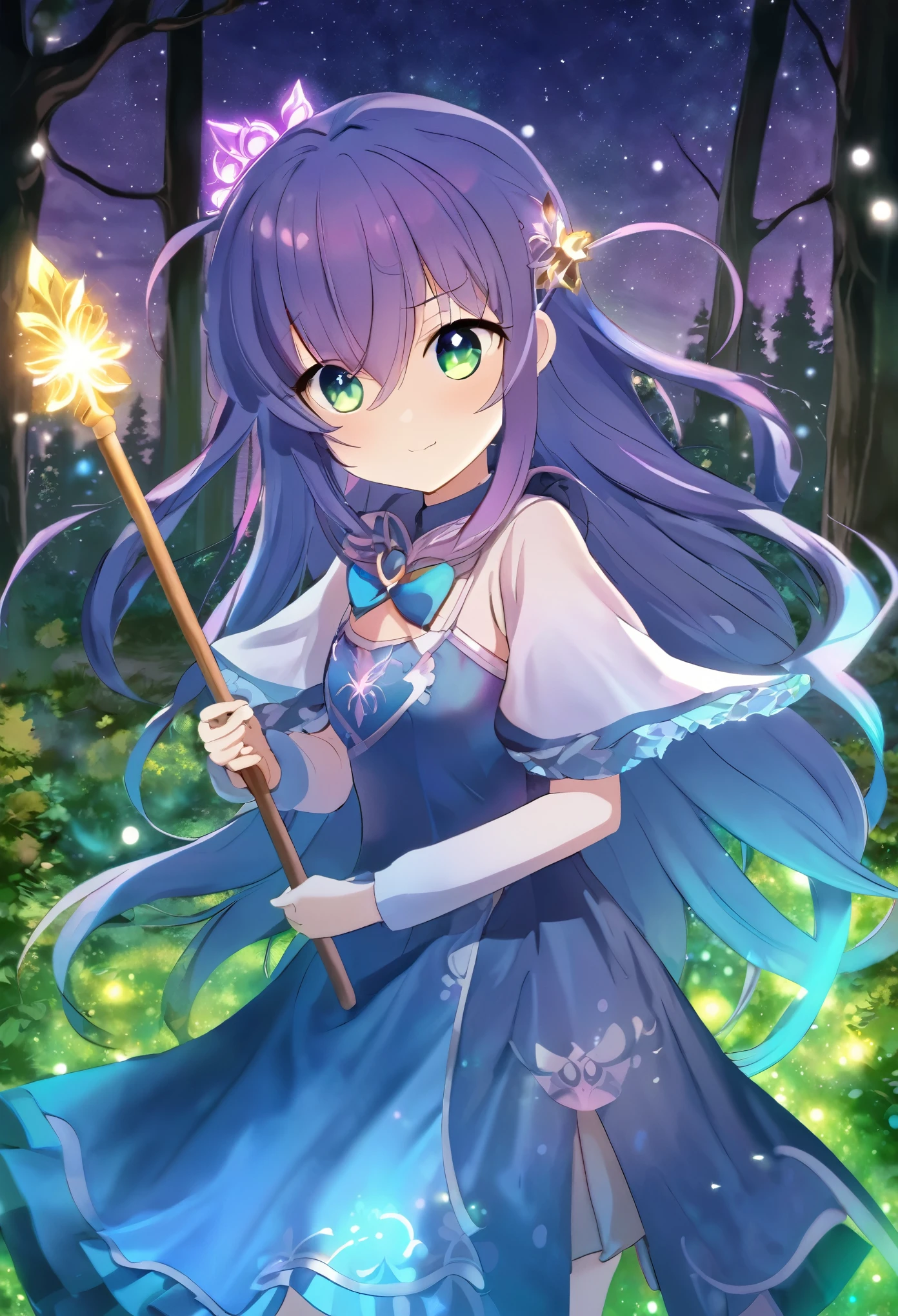 Create a vibrant and magical anime girl character. She should have long, flowing blue hair and bright green eyes that sparkle with excitement. Dress her in an enchanting outfit, complete with mystical accessories and a glowing magical staff. The background should be a mystical forest at twilight, with sparkling lights and magical creatures.