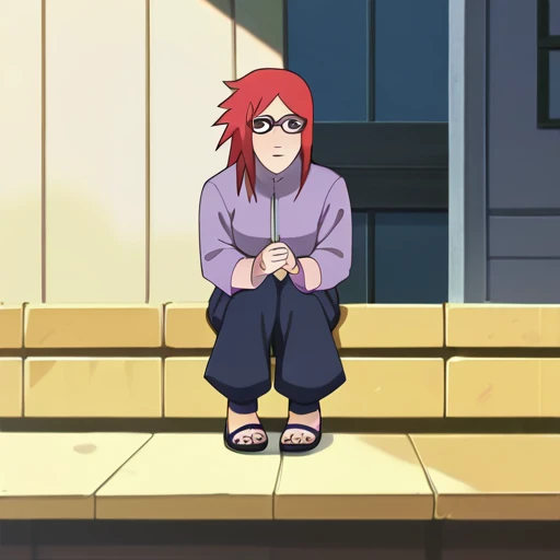 Red hair, 1 Girl, Glasses, Long hair, Red Eyes, Solitary, Long gown, Black over-the-knee stockings, Black shorts, Umbilical cord, Looking at the audience,Medium breasts, Long sleeve,  giggle,outdoor , No students, sit,Keep your legs together, zipper,Closed-toe shoes, 
Japanese cartoons screencap, Japanese cartoons coloring,src_Japanese cartoons,Naruto \(series\), Naruto shippuuden,（（blush，nervous，Vision，））