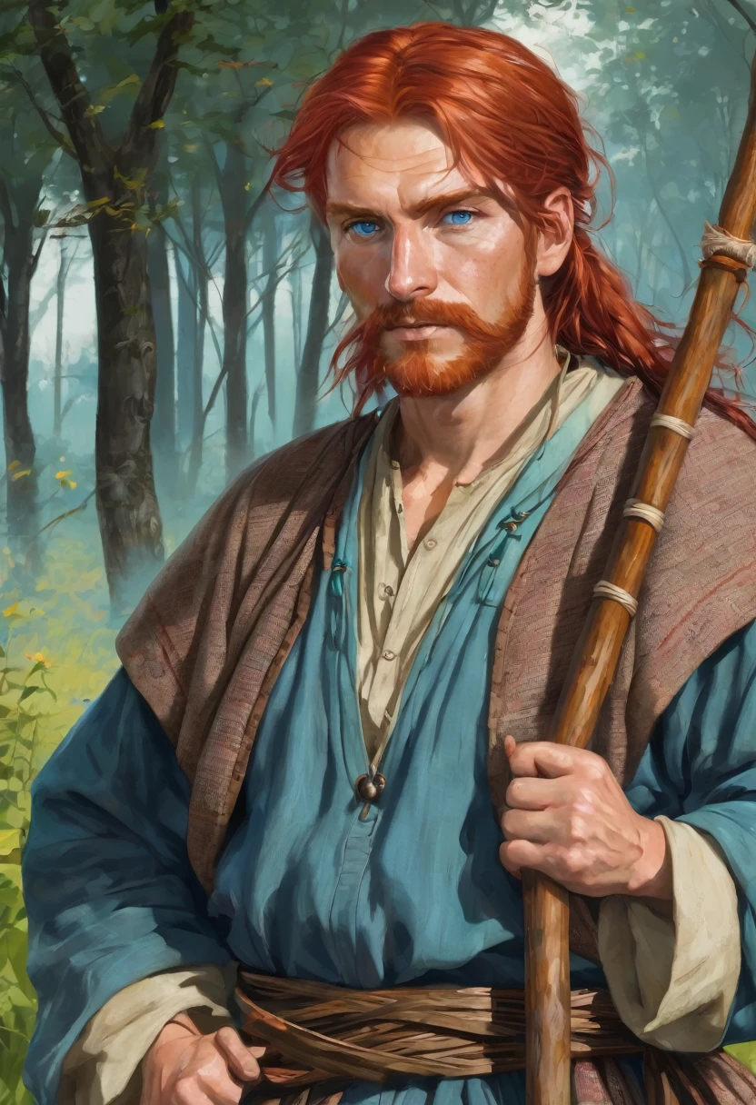 red-haired man, blue colored eyes, peasant clothes, holds a wooden staff
