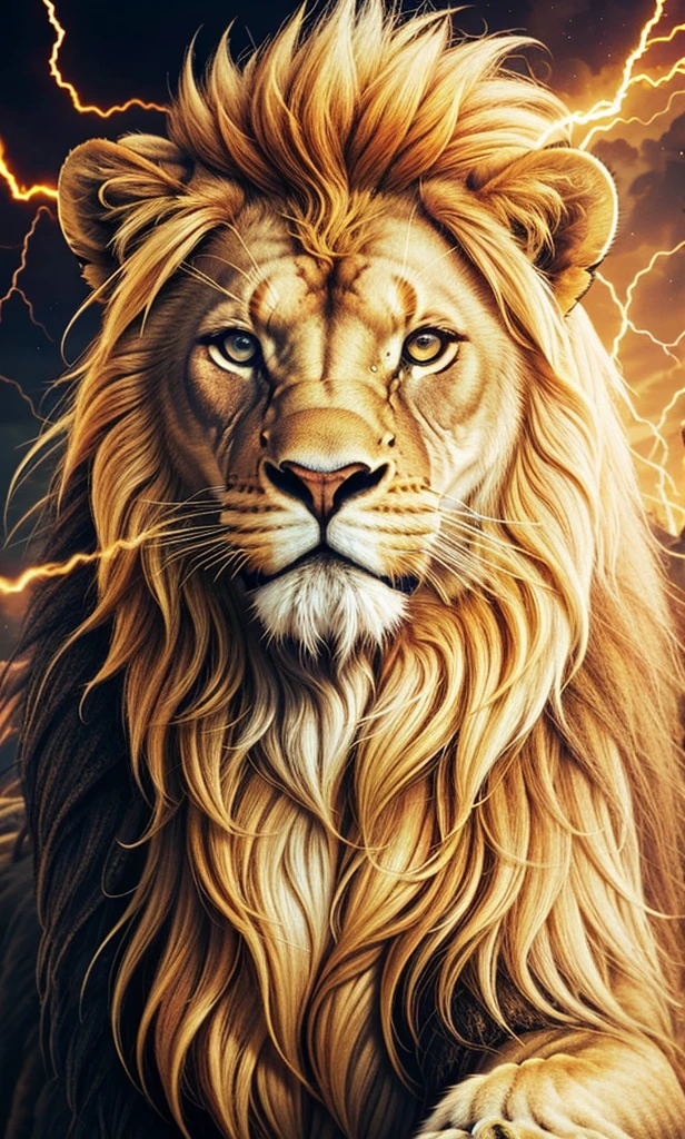 Lion, Divine Lion, naturals, thunder, Realistic Lion, rey, realistic detailed, Sunset light, sky, Sol noturno, realistic detailed 16K, Eletricidade Detalhada 8K, darkness background, Texturas realistas de 8K, Cores photorrealistic 8K, fire azul, realistic detailed Fire Bolt, sky Light Detailed, Power of thunder, Divine realistic, gold color, Divine gold, golden light, naturey, linda, Rendering, photorrealistic, UltraHigh definition, 4K, detailed textures, thunder, detailed shadows, detailed colors, neon blue, blue light, lightnings, blue power, naturey linda, Great Divine, peaceful face, naturalss, lightning, Electric Power Screw, detailed contrast, realistic contrast, high resolution, detailed colors, fire, villany, divine creature, 8K FullHD, realistic detailed, 16K, 8K, High definition, detailed contrast, realistic contrast, high resolution, detailed colors, fire, villany, divine creature, 8K Realistic Lion Face, realistic detailed, posh, elegance