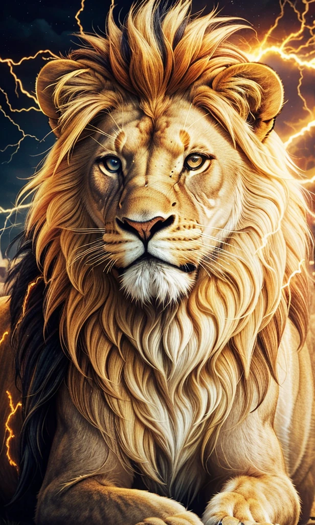 Lion, Divine Lion, naturals, thunder, Realistic Lion, rey, realistic detailed, Sunset light, sky, Sol noturno, realistic detailed 16K, Eletricidade Detalhada 8K, darkness background, Texturas realistas de 8K, Cores photorrealistic 8K, fire azul, realistic detailed Fire Bolt, sky Light Detailed, Power of thunder, Divine realistic, gold color, Divine gold, golden light, naturey, linda, Rendering, photorrealistic, UltraHigh definition, 4K, detailed textures, thunder, detailed shadows, detailed colors, neon blue, blue light, lightnings, blue power, naturey linda, Great Divine, peaceful face, naturalss, lightning, Electric Power Screw, detailed contrast, realistic contrast, high resolution, detailed colors, fire, villany, divine creature, 8K FullHD, realistic detailed, 16K, 8K, High definition, detailed contrast, realistic contrast, high resolution, detailed colors, fire, villany, divine creature, 8K Realistic Lion Face, realistic detailed, posh, elegance