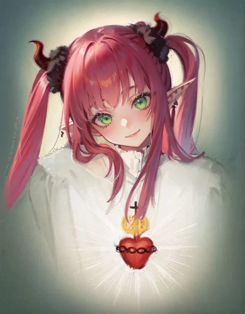 Holy card,saint card, front,white background, sunshine rays, Best quality, masterpiece, ultra high res, (photorealistic:1.4), raw photo, 1girl, white prayer mantle, holy card, bust shot, holy picture, sacred heart, rizu kyun cosplay, minimal background, holy card, succubus, pink hair pigtails, black horns, long ears, green eyes, front, smile