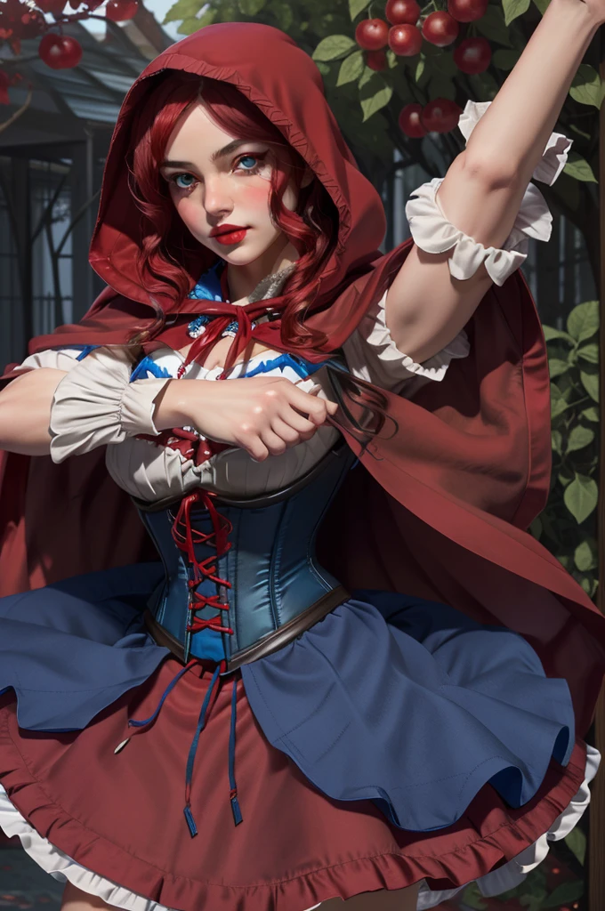 blue colored eyes, RedHoodWaifu, (red hood, cape, corset, don, red skirt), fruit basket, beautiful hands, good hands, face detailed, detailedeyes, Detailed lips, Detailed lashes,