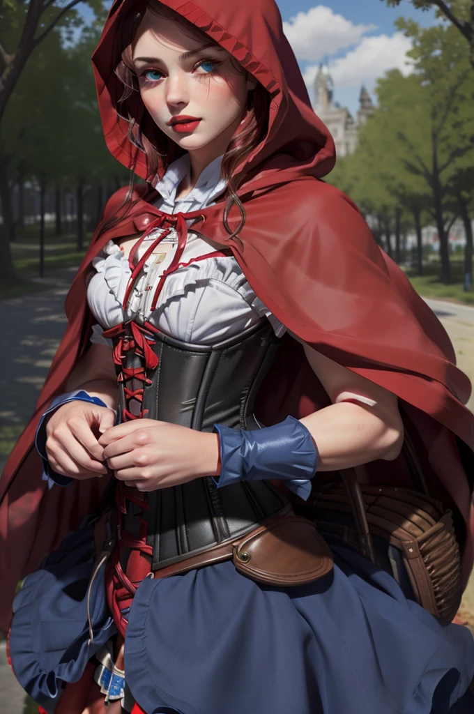 blue colored eyes, RedHoodWaifu, (red hood, cape, corset, don, red skirt), fruit basket, beautiful hands, good hands, face detailed, detailedeyes, Detailed lips, Detailed lashes,
